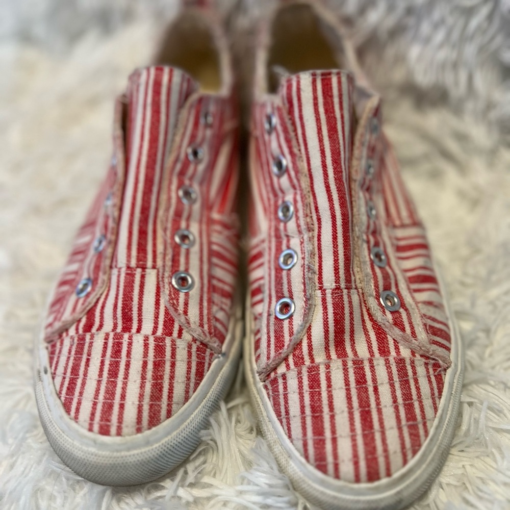 Red and White Striped Slip-On Sneakers